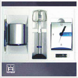 Настольный набор "Трио": часы, карандашница, ножницы и нож для бумаг, синий