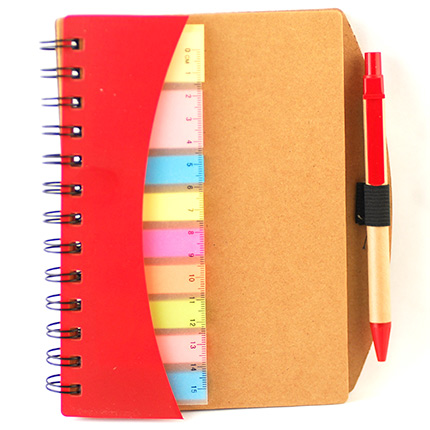 Эко блокнот с ручкой, линейкой, цветными стикерами, блок белый в линейку 120 х 175 мм, 60 страниц. Цвет красный