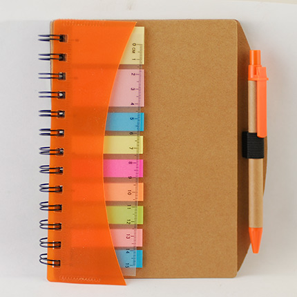 Эко блокнот с ручкой, линейкой, цветными стикерами, блок белый в линейку 120 х 175 мм, 60 страниц. Цвет оранжевый