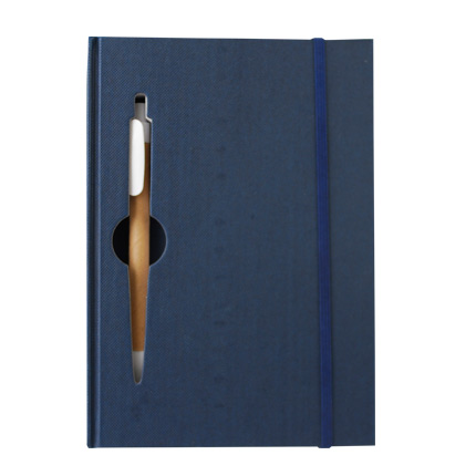 Эко блокнот с ручкой, блок белый в линейку 130 х 190 мм, 120 страниц, на резинке, синий