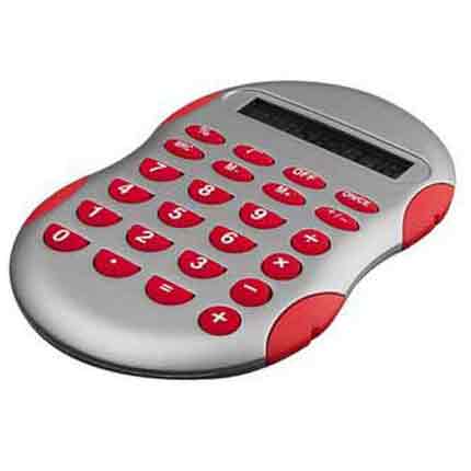 Калькулятор из пластика, серебристый корпус с клавишами красного цвета