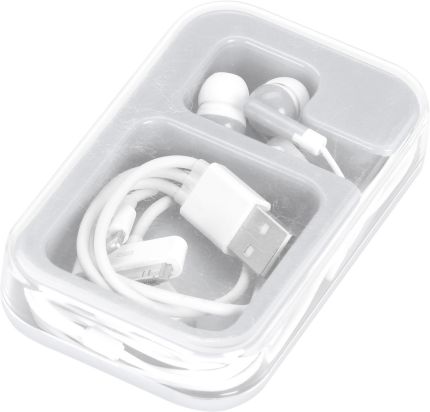 Наушники с набором переходников Micro USB, Mini USB, iPhone 5 и шнуром USB в футляре, белый