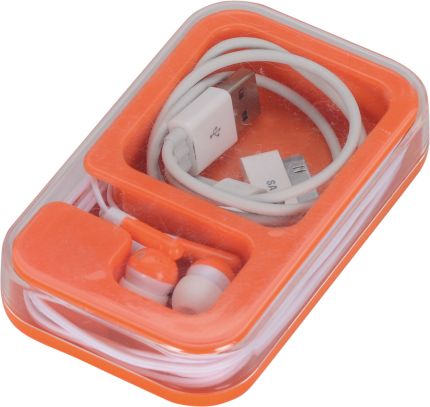 Наушники с набором переходников Micro USB, Mini USB, iPhone 5 и шнуром USB в футляре, оранжевый