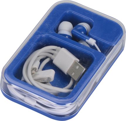 Наушники с набором переходников Micro USB, Mini USB, iPhone 5 и шнуром USB в футляре, синий