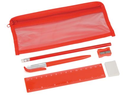 Набор канцелярский: ручка шариковая, карандаш, точилка, ластик, линейка в чехле, красный