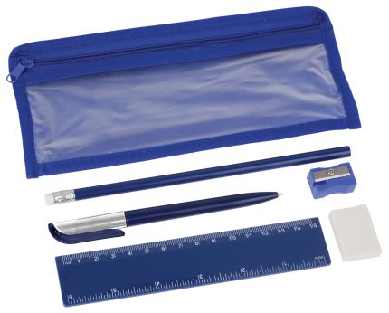 Набор канцелярский: ручка шариковая, карандаш, точилка, ластик, линейка в чехле, синий