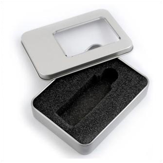 Подарочная коробка для USB-Flash накопителя, металлическая с прозрачным окошком, серая