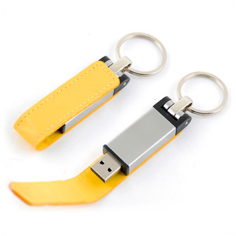 USB-Flash накопитель - брелок (флешка) "Leather Magnet" в металлическом корпусе,  2 Gb, с кожаным откидным клапаном на магните. Жёлтый
