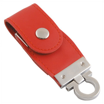 USB-Flash накопитель (флешка) в виде брелка в кожаном корпусе с мет. вставками, с клапаном на кнопке, модель 209, объем памяти  4 Gb, цвет красный