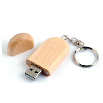 USB-Flash накопитель - брелок в деревянном корпусе овальной формы с металл. кольцом, модель Wood1, объем памяти  4 Gb, бесцветный лак