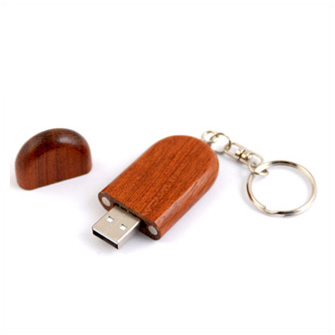 USB-Flash накопитель - брелок в деревянном корпусе овальной формы с металл. кольцом, модель Wood1, объем памяти  4 Gb, красно-коричневый лак