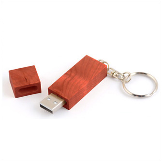 USB-Flash накопитель - брелок в деревянном корпусе прямоугольной формы с металл. кольцом, модель Wood2, объем памяти  4 Gb, красно-коричневый лак