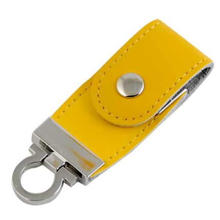 USB-Flash накопитель (флешка) "Button" в кожаном корпусе с металлическими вставками, с клапаном на кнопке,  4 Gb, жёлтый