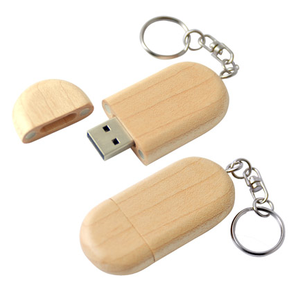 USB-Flash накопитель- брелок (флешка) "Wood" в деревянном корпусе овальной формы с металлическим кольцом,  4 Gb, бесцветный лак