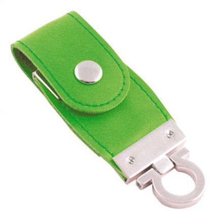 USB-Flash накопитель (флешка) в виде брелка в кожаном корпусе с мет. вставками, с клапаном на кнопке, модель 209, объем памяти  4 Gb, цвет зеленый