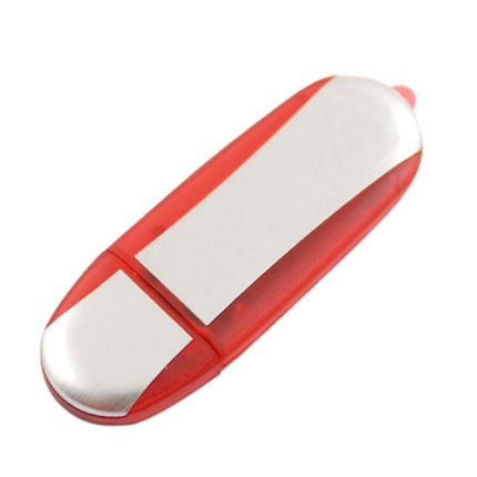 USB-Flash накопитель (флешка) овальной формы из пластика с металлическими вставками, модель 017, объем памяти  4 Gb, цвет красный