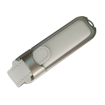 USB-Flash накопитель (флешка) в массивном кожаном корпусе с мет. вставками, модель 212, объем памяти  4 Gb, цвет белый