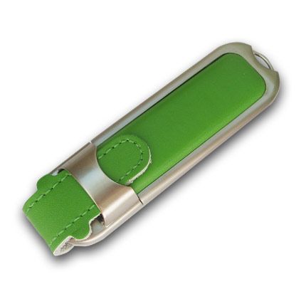 USB-Flash накопитель (флешка) в массивном кожаном корпусе с мет. вставками, модель 212, объем памяти  4 Gb, цвет зелёный
