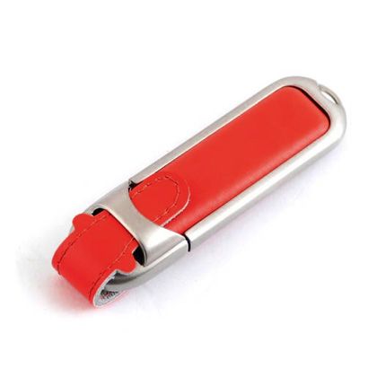 USB-Flash накопитель (флешка) в массивном кожаном корпусе с мет. вставками, модель 212, объем памяти  4 Gb, цвет красный