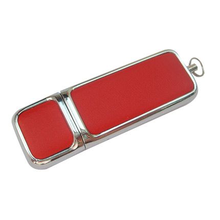 USB-Flash накопитель (флешка) в компактном металлическом корпусе с кожаными вставками, модель 213, объем памяти  4 Gb, цвет красный
