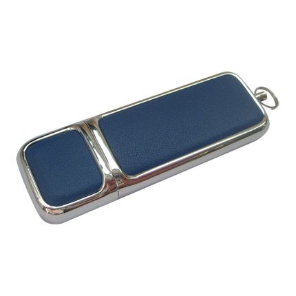 USB-Flash накопитель (флешка) в компактном металлическом корпусе с кожаными вставками, модель 213, объем памяти  4 Gb, цвет синий