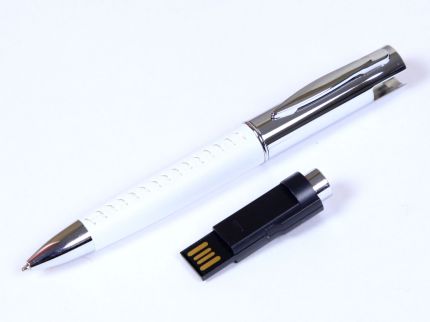USB-Flash накопитель (флешка) - металлическая ручка с кожаными вставками, модель 350, объем памяти  4 Gb, цвет белый