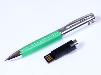 USB-Flash накопитель (флешка) - металлическая ручка с кожаными вставками, модель 350, объем памяти  4 Gb, цвет зелёный