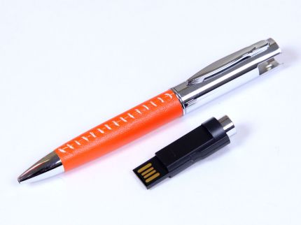 USB-Flash накопитель (флешка) - металлическая ручка с кожаными вставками, модель 350, объем памяти  4 Gb, цвет оранжевый