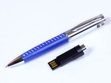 USB-Flash накопитель (флешка) - металлическая ручка с кожаными вставками, модель 350, объем памяти  4 Gb, цвет синий