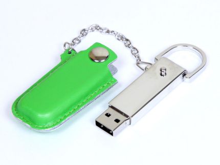 USB-Flash накопитель (флешка) в металлическом корпусе с кожаным чехлом на цепочке, модель 214, объем памяти  4 Gb, цвет зелёный