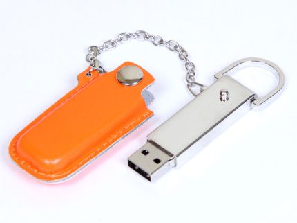 USB-Flash накопитель (флешка) в металлическом корпусе с кожаным чехлом на цепочке, модель 214, объем памяти  4 Gb, цвет оранжевый