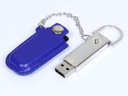 USB-Flash накопитель (флешка) в металлическом корпусе с кожаным чехлом на цепочке, модель 214, объем памяти  4 Gb, цвет синий
