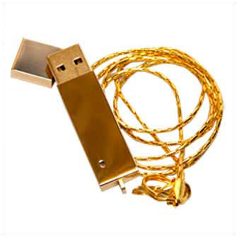USB-Flash накопитель (флешка) "BRICK", 16 Gb, металлический корпус, зеркальный хром, золотистый глянец, длинная цепочка