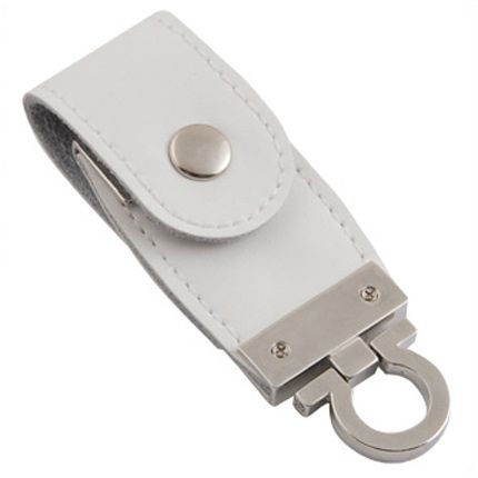 USB-Flash накопитель (флешка) в виде брелка в кожаном корпусе с мет. вставками, с клапаном на кнопке, модель 209, объем памяти 16 Gb, цвет белый