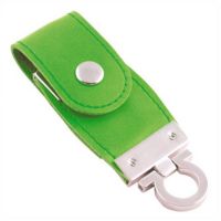USB-Flash накопитель (флешка) в виде брелка в кожаном корпусе с мет. вставками, с клапаном на кнопке, модель 209, объем памяти 16 Gb, цвет зеленый