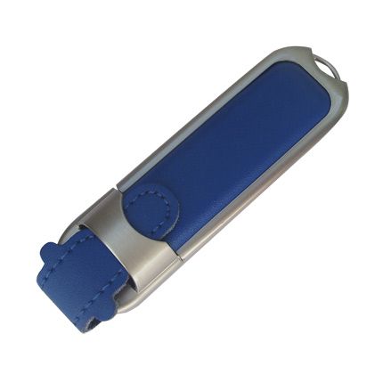 USB-Flash накопитель (флешка) в массивном кожаном корпусе с мет. вставками, модель 212, объем памяти 16 Gb, цвет синий