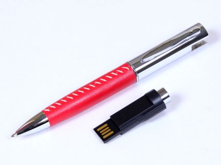 USB-Flash накопитель (флешка) - металлическая ручка с кожаными вставками, модель 350, объем памяти 16 Gb, цвет красный