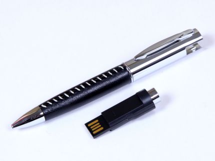 USB-Flash накопитель (флешка) - металлическая ручка с кожаными вставками, модель 350, объем памяти 16 Gb, цвет чёрный