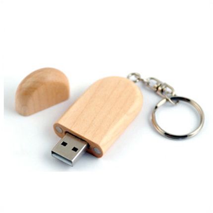 USB-Flash накопитель - брелок в деревянном корпусе овальной формы с металл. кольцом, модель Wood1, объем памяти 32 Gb, бесцветный лак