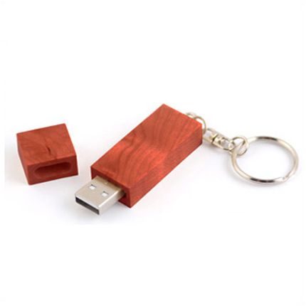 USB-Flash накопитель - брелок в деревянном корпусе прямоугольной формы с металл. кольцом, модель Wood2, объем памяти 32 Gb, красно-коричневый лак