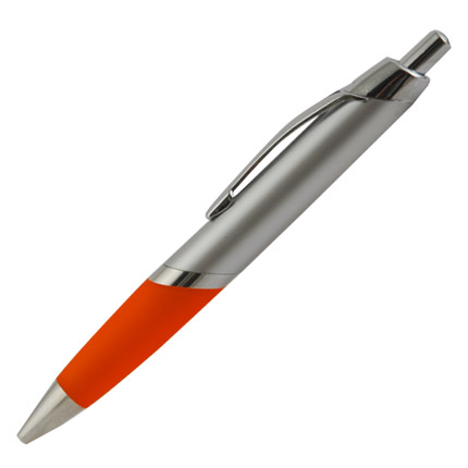 Ручка шариковая пластиковая "Aпиa", нажимной механизм, клип, кольцо и наконечник хромированные, корпус серебристый, резинка оранжевая