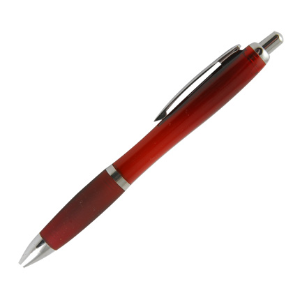 Ручка шариковая пластиковая "Сельва", нажимной механизм, клип, кольцо, кнопка и наконечник хромированные, корпус и резинка бордовые