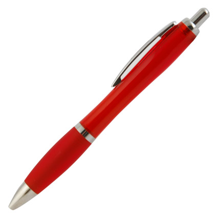 Ручка шариковая пластиковая "Сельва", нажимной механизм, клип, кольцо, кнопка и наконечник хромированные, корпус и резинка красные