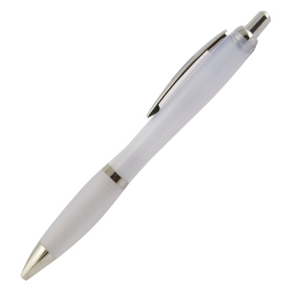 Ручка шариковая пластиковая "Сельва", нажимной механизм, клип, кольцо, кнопка и наконечник хромированные, корпус и резинка. Полупрозрачная-белая.