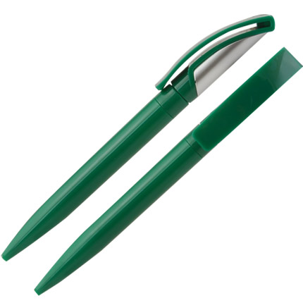 Ручка шариковая пластиковая "Тана", поворотный механизм, верх серебристый, клип и корпус зеленый