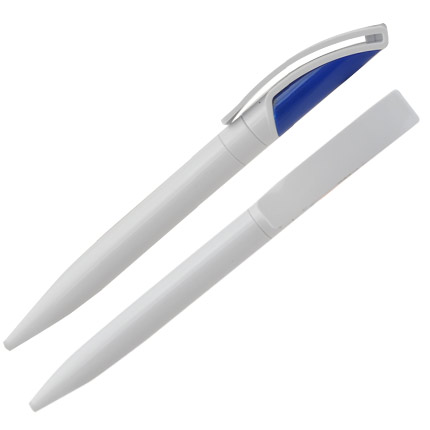 Ручка шариковая пластиковая "Туркана", поворотный механизм, клип и корпус белые, верх синий