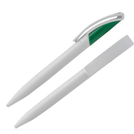 Ручка шариковая пластиковая "Туркана", поворотный механизм, клип и корпус белые, верх зеленый