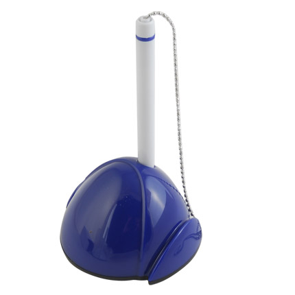 Ручка шариковая пластиковая с цепочкой на подставке "Серра", корпус ручки белый, кольцо на ручке и подставка синие
