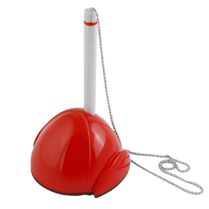 Ручка шариковая пластиковая с цепочкой на подставке "Серра", корпус ручки белый, кольцо на ручке и подставка красные