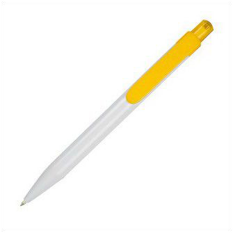 Пластиковая ручка белый корпус, клип и кнопка желтые